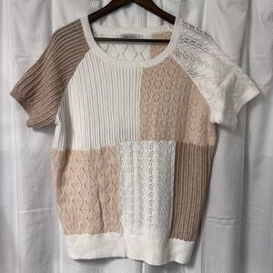Lucy Avenue Short Sleeve Open Knit Sweater Women's 3X Beige Colorblock Patchwork
